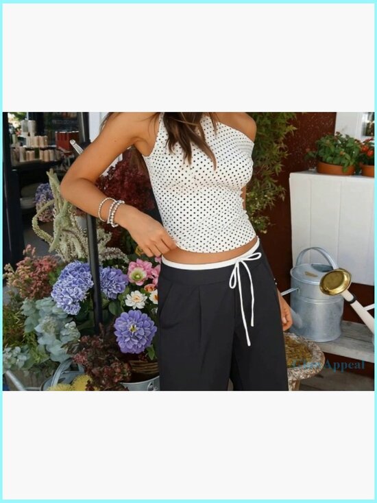 Off Shoulder Sleeveless Tank Top Ruched Slim Fit Polka Dot Y2K - Picture 7 of 7